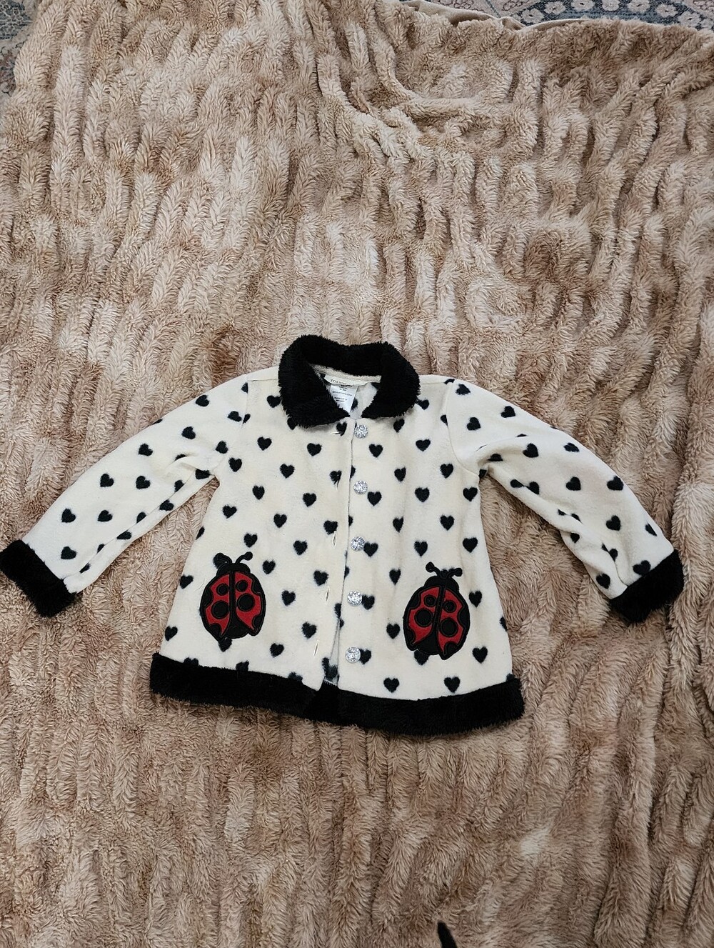 Vintage Toughskins Cream Fleece Jacket with Black Hearts & Red Ladybug Pockets